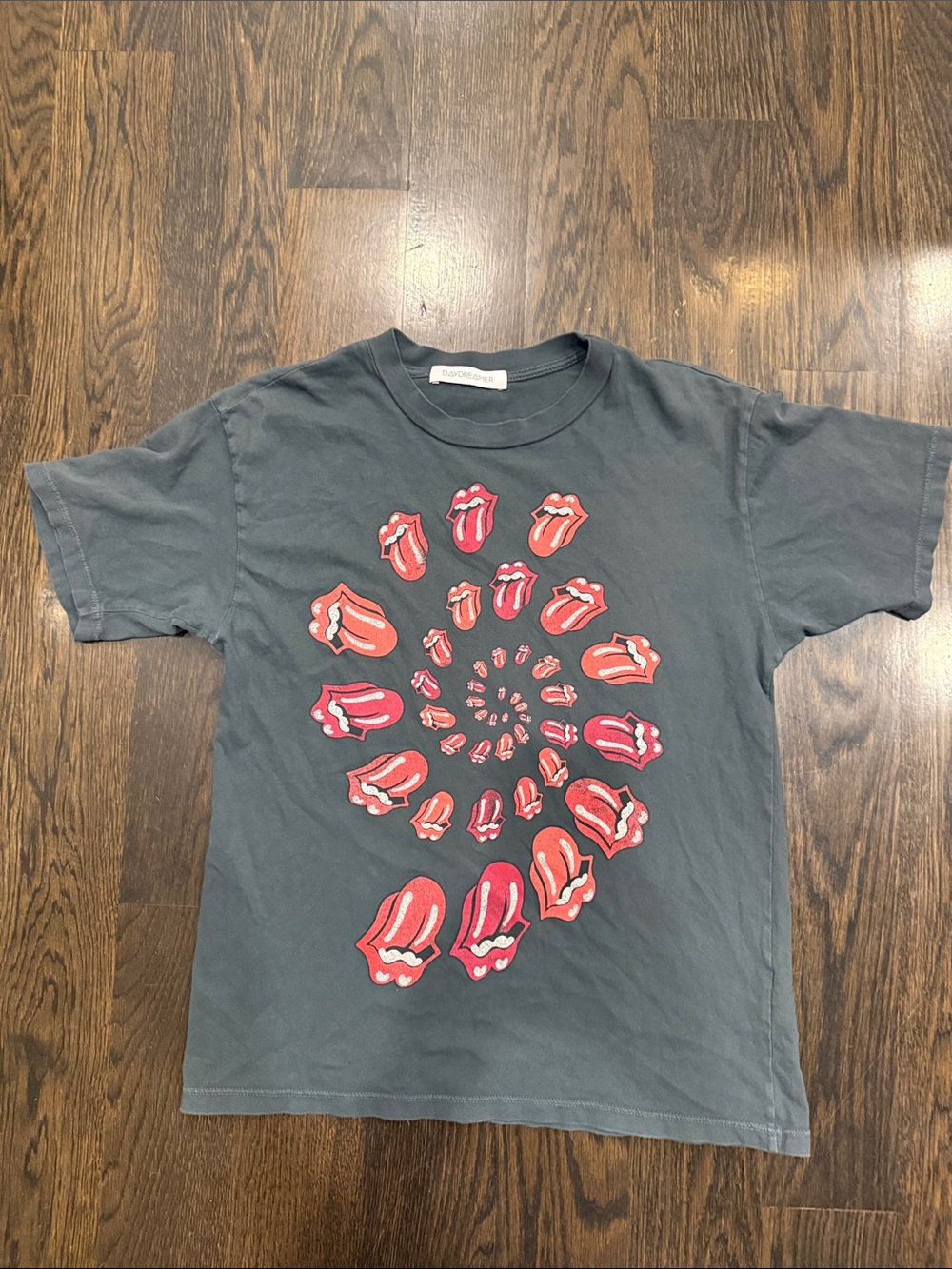 Daydreamer Charcoal Tee with Rolling Stones Red Spiral Tongues